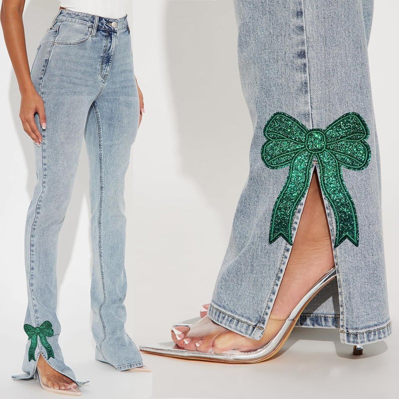 CY 5pcs Green Glitter Sequin Bow Embroidered Patches - Iron On or Sew On - Glamorous Preppy Appliques for Girls & Women's Clothes, Backpacks & Home Decor - Image 4